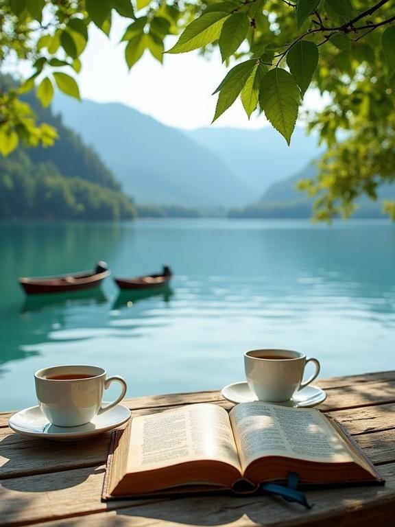 Scene by a tranquil lake with turquoise water surrounded by mountains. A rustic wooden table holds two ceramic teacups and an open book. Dappled sunlight filters through large green leaves. Two small wooden boats float in the calm water.