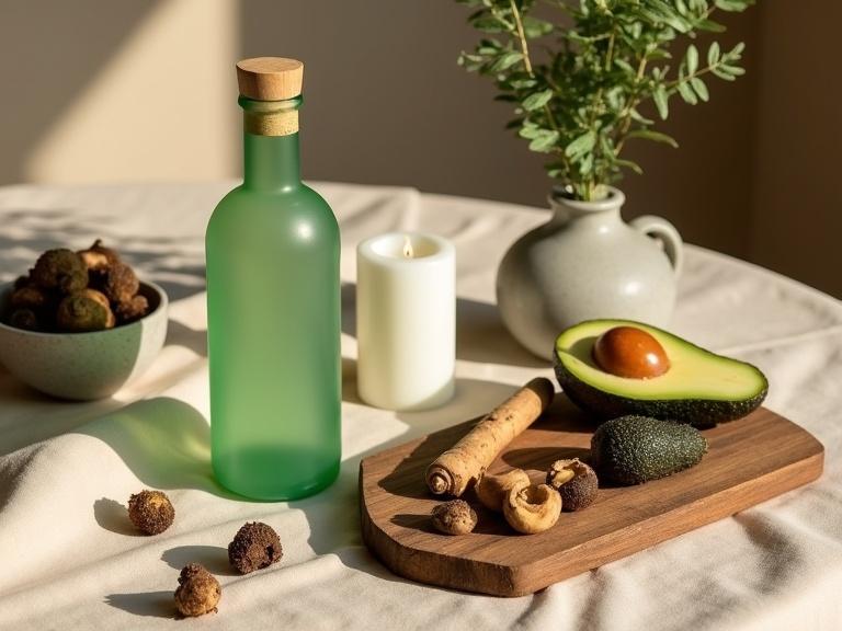 Close-up of a table draped in beige cloth. Center has a light green transparent gin bottle with wooden cap. Surrounding are melted white candles. A rustic wooden cutting board holds earthy vegetables and an oval avocado. Transparent bowls contain wild mushrooms with soil. Scattered avocado pits sprouting. A design concrete vase with a wild fern adds greenery. Scene has soft natural light and pronounced shadows.