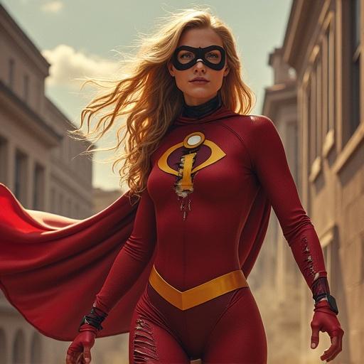 Defeated superhero with torn suit. Character has long blonde hair. Wearing glasses and a red suit with yellow emblem.