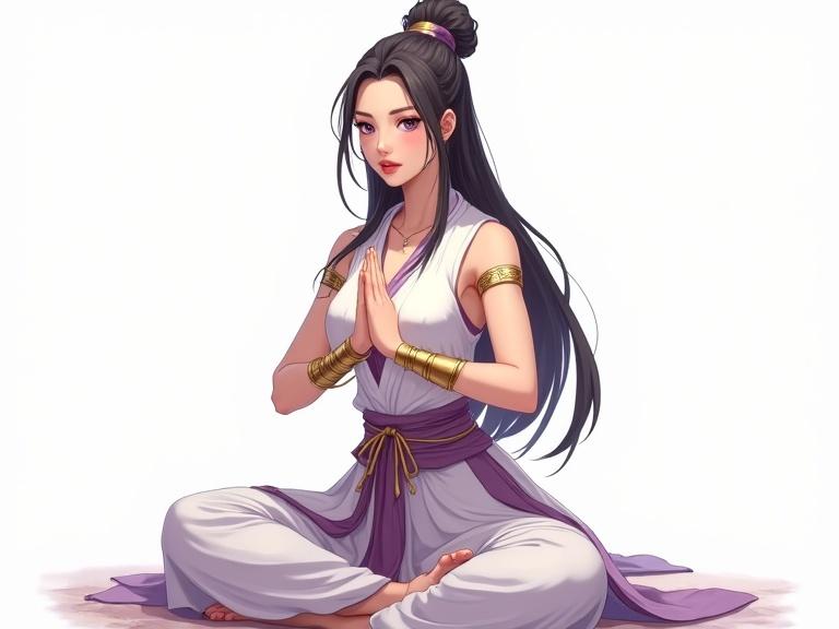 Anime character wallpaper of a beautiful woman named Aaradhya. She has long dark hair tied in a bun with loose strands. Her expression is serene. Body is athletic and graceful. Dressed in stylized nun's attire with soft tones like white, gold, and lilac. Has flowing bands of fabric and prayer bracelets on her arms. She is in a martial meditation pose. Art is expressive and detailed with vivid colors and clean lines. Subtle shadows and clear details of clothing and accessories. The background is transparent. Ultra high quality, full body, symmetrical layout, in 4K resolution, 16:9.