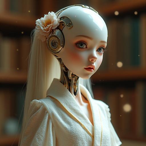 Ultra-detailed photorealistic full body shot of android girl with natural skin texture. Girl has fine features and subtle imperfections. Warm library background with glowing books. Shot with macro lens to emphasize details.