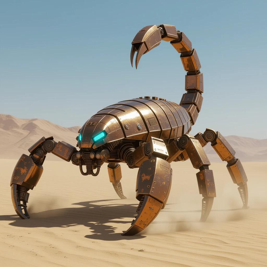 A large mechanical scorpion in a realistic 3D style. Blends dieselpunk, steampunk, and modern industrial design. Six rear legs are armored with weathered bronze and steel. Exposed gears and rivets visible. Features intimidating face resembling a helmet. Glowing blue eyes and sharp metallic features. Steam vents and copper tubes included. Stands on arid desert terrain, with dust on its legs. Raised stinger tail and large claws show menace. Warm desert tones highlight textures.