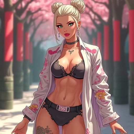 Anime-inspired character design of an elegant and muscular woman. Features include emerald green eyes, light blonde hair in a French bun, and wearing a luxurious outfit. Character has tattoos and a cybernetic leg. Background is a modern Lululemon store adorned with cherry blossoms. Summer morning with a vibrant color palette.