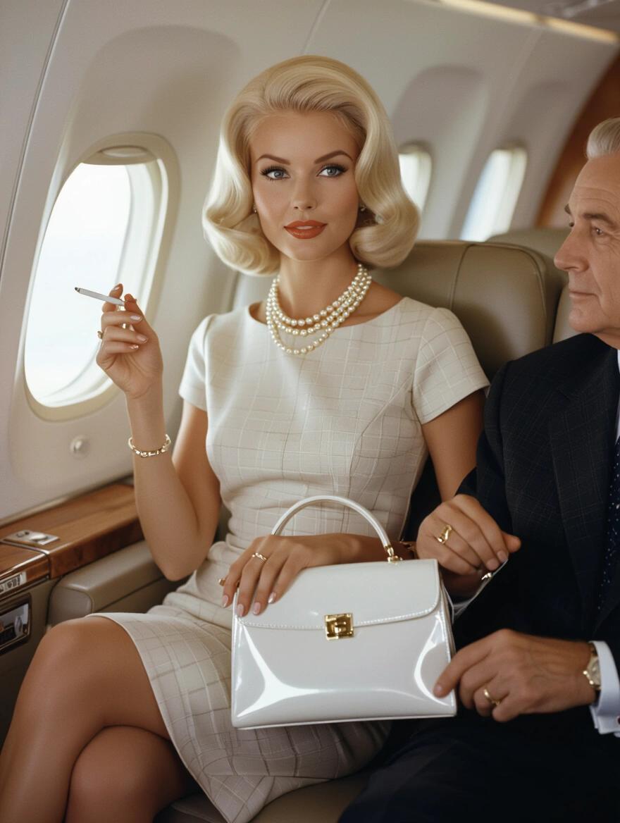 1960s era, beautiful woman with platinum blonde hair, holding a shiny white purse, wearing a tight business casual dress, pearl necklace, high heels while sitting on an airplane, holding a cigarette between fingers, seated next to an older man.