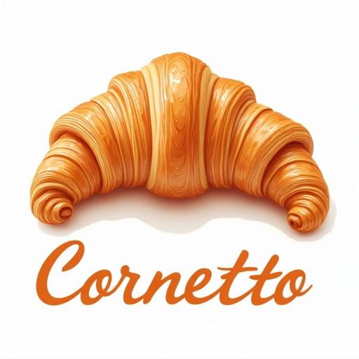Design a 100x100 label featuring a Croissant with curved text above that reads Cornetto d'oro. Add a golden halo behind the Croissant to signify its golden quality.