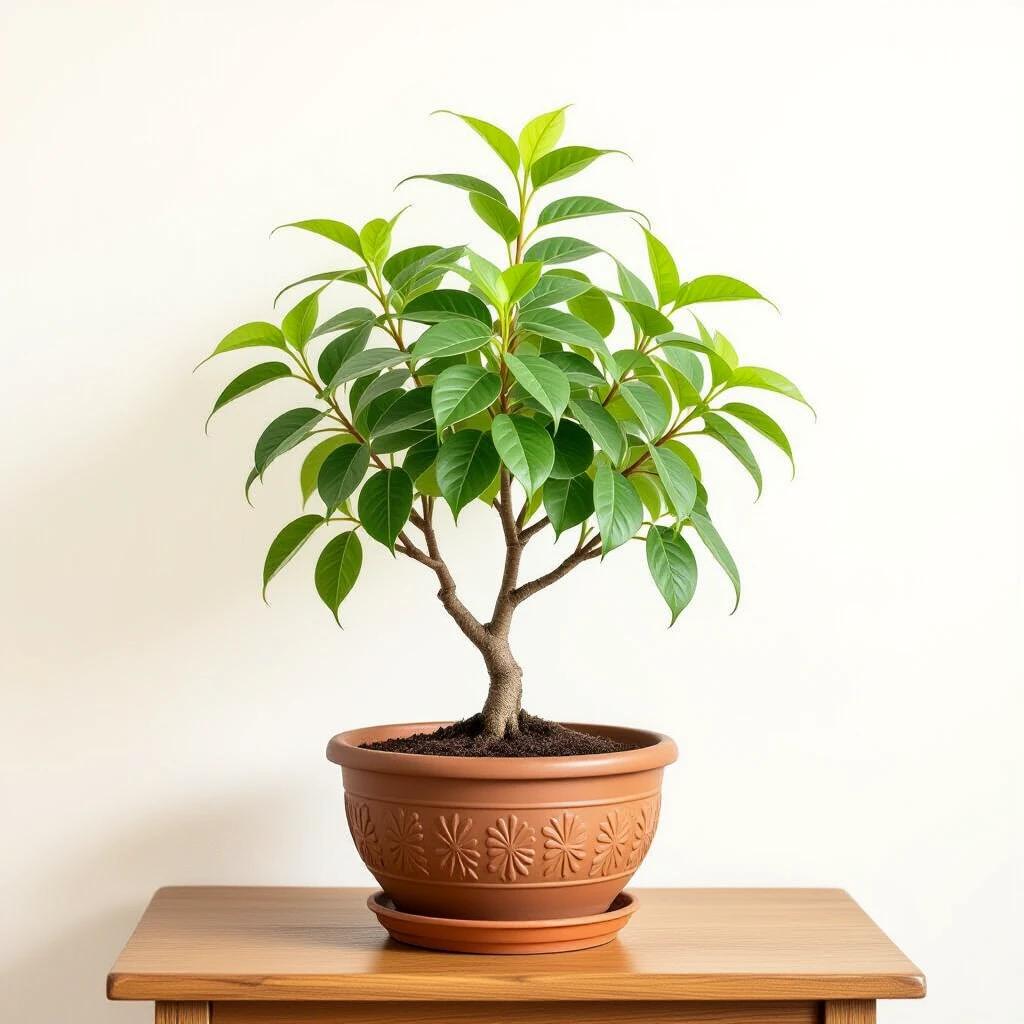 A beautiful bonsai plant showcased in a brown ceramic pot with intricate patterns. The branches bend naturally, and lush green leaves convey liveliness. The background is light, emphasizing the plant's central role. The scene radiates tranquility and a love for nature, suitable for decoration.