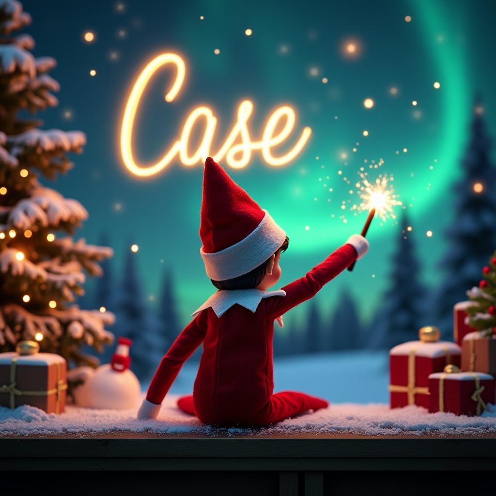 An enchanting Christmas scene featuring an elf on the shelf. Elf dressed in red and white with a magic wand. Elf facing the sky, writing 'Case' in glowing script. Vibrant northern lights in the backdrop. Scene captures the joy of the holiday season.