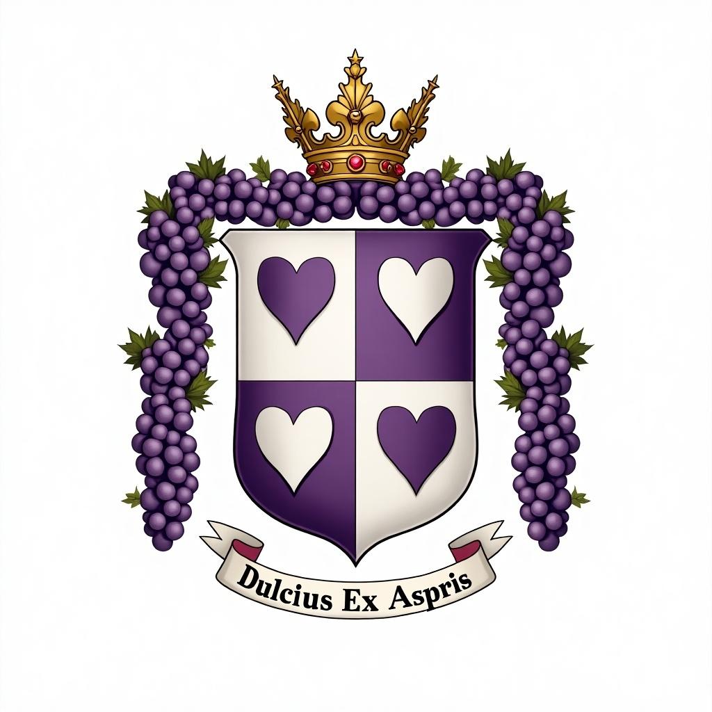 Heraldic design featuring a coat of arms. Grape vines adorn the shield. Four charges in a quartering style. Upper left has pastel purple with lower right in white. Dark purple hearts on upper right and lower left white hearts. Crest is a golden coronet. Ribbon beneath displays the motto 'Dulcius Ex Asperis'.