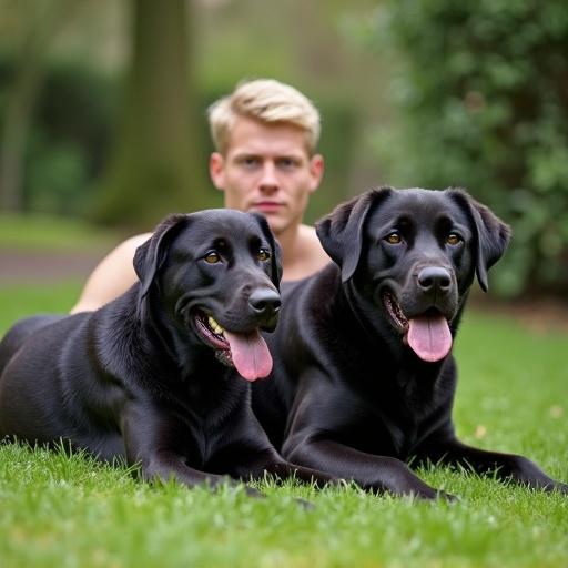 In a small garden, a young blond man kneels on the grass, seen from behind. Two black Labradors sit beside him, both panting.