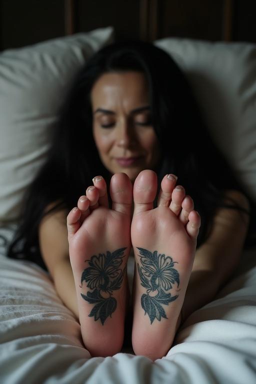 Tattooed soles shown. Woman with long black hair lying on the bed with white pillows. Feet positioned forward. Woman appears relaxed and peaceful.