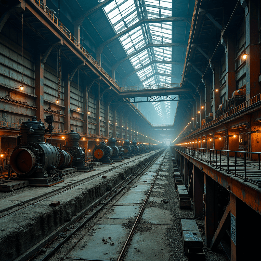 A spacious, dimly lit industrial warehouse interior with machinery and a high ceiling.