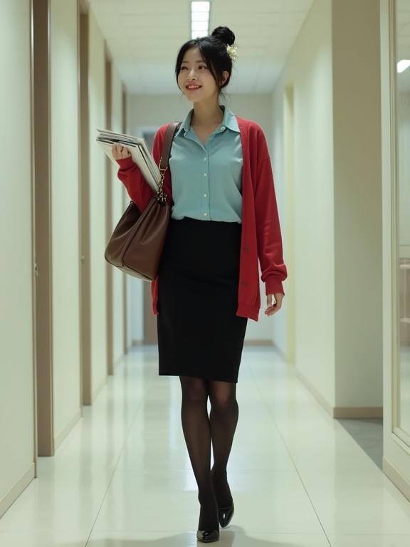 Full body image of a young East Asian female agent walking through office corridors. She is wearing a black knee-length skirt paired with a sky-blue blouse and a cherry-red cardigan. She carries intel files in one hand and a brown satchel over her shoulder. The background features off-white walls and a modern ambiance. She presents a confident demeanor and elegance in her posture.