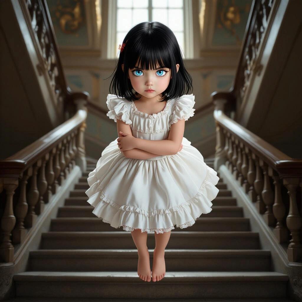 Young girl with bright blue eyes and stern expression floating above a stone staircase. She is inside an ornate mansion. Her feet are off the ground. Arms are crossed. She wears a frilly white dress.