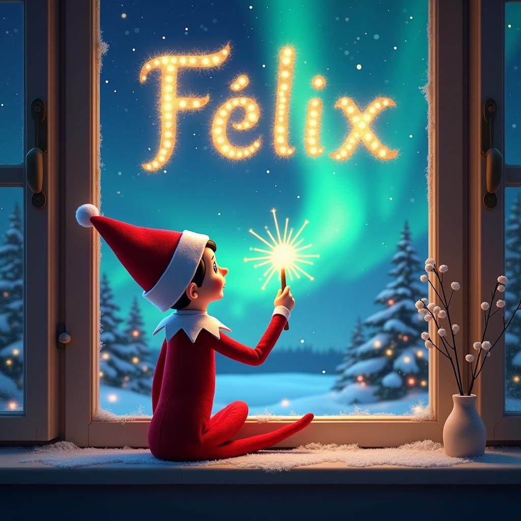 An elf on the shelf gazes out a window at a night sky. The sky is illuminated by northern lights. The elf uses a wand to write the name 'Félix' in sparkling letters. The background features snow-covered trees.