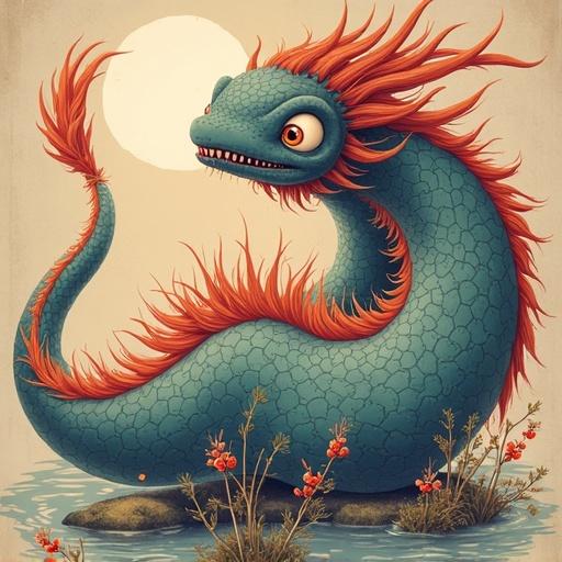 An artistic digital illustration featuring a dragon-like creature with a vibrant mane by a tranquil body of water under a moonlit sky. The creature has an emerald green body with red accents. Soft light creates a magical atmosphere.