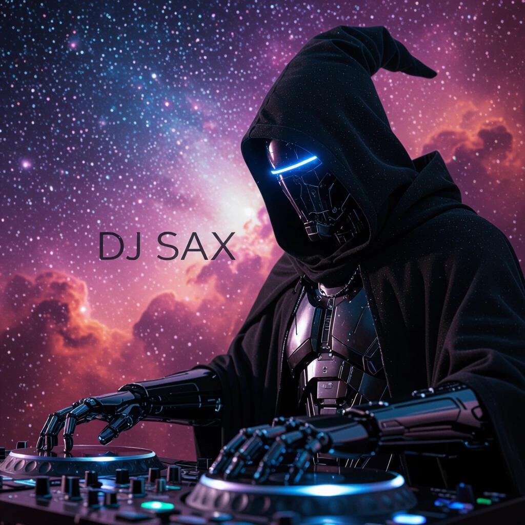 Close up of a wizard-like cyborg DJ wearing a hood. Space background filled with a nebula. The text 'DJ SAX' appears in small font.