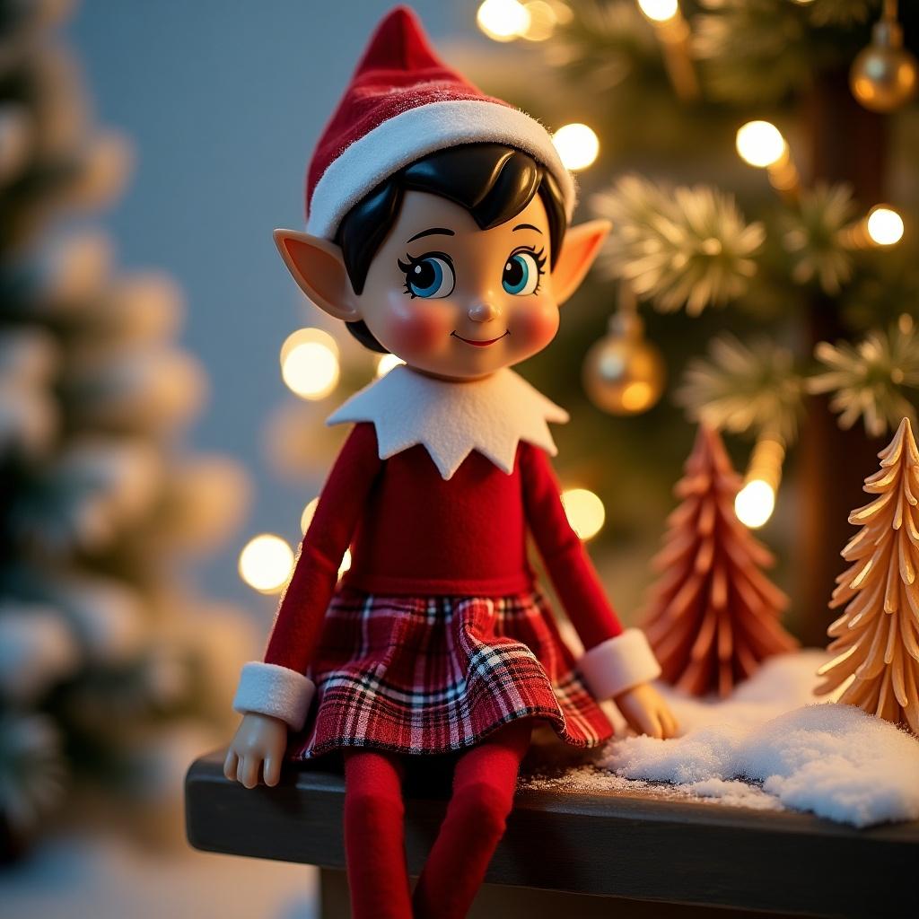 The image features a charming female Elf doll sitting amidst a cozy winter scene. She has short hair and is dressed in a red plaid skirt with a matching red outfit and a white collar. The background includes softly illuminated trees and decorative elements, enhancing the holiday vibe. This scene captures the spirit of Christmas, making it perfect for festive occasions. The warmth of the lighting accentuates the doll's cheerful expression, inviting viewers to embrace the joy of the season.