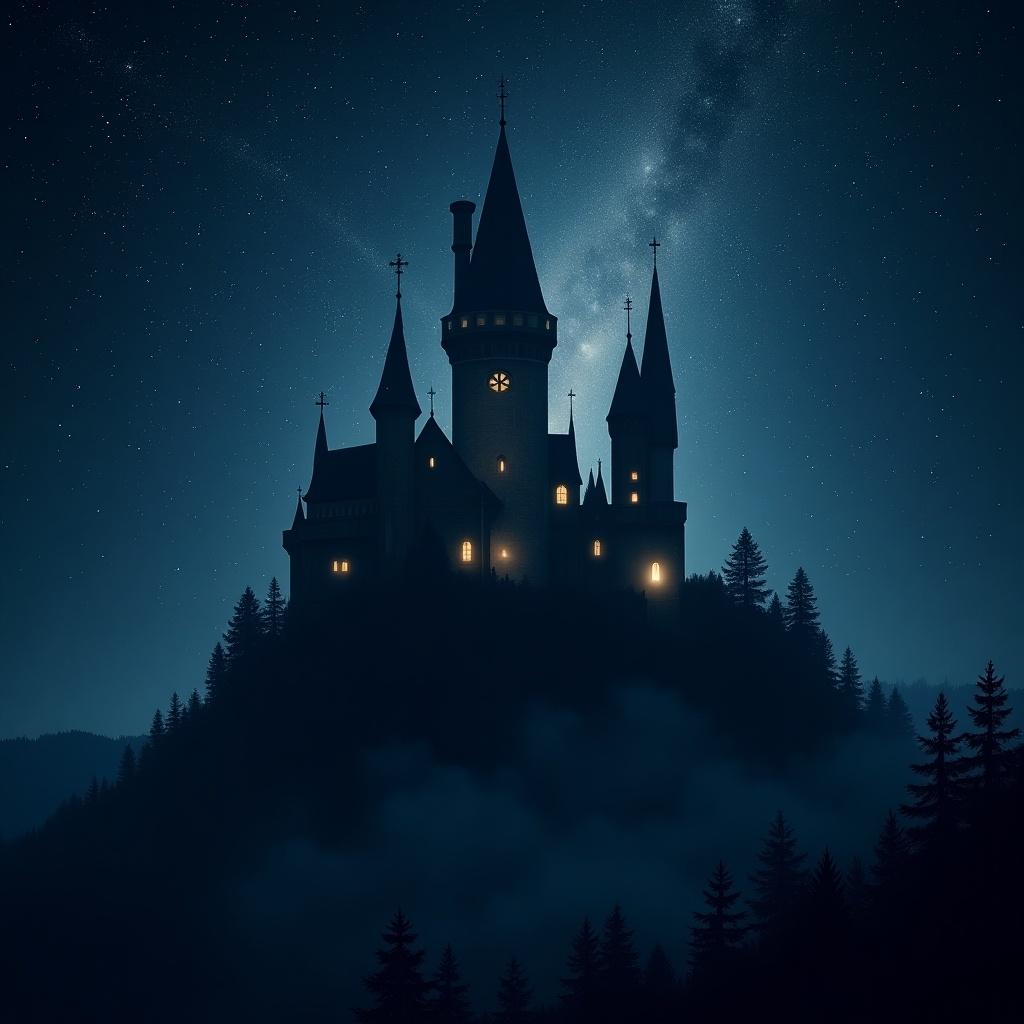 Dark mystical image of a castle on a hill. Starlit night sky above. Castle has tall spires and glowing windows. Surrounded by fog and trees.