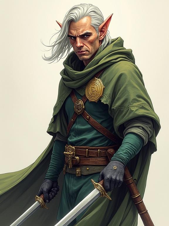 2.5D pen sketch of a male elf with a cloak and investigator badge holding two short swords. The scene is cinematic with an intense expression. Colored pen style with visible pencil strokes and paper texture. Non-photorealistic and soft cel shaded with artistic shading.