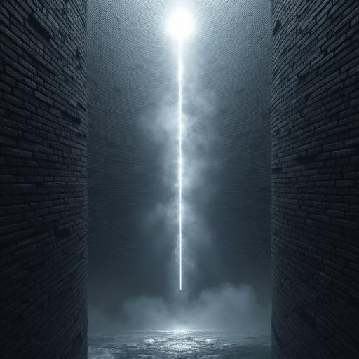 A towering wall made of black bricks. Spiritual white light surrounds both sides of the wall. Some bricks are missing, with spiritual light coming through the gaps. One wall depicted.