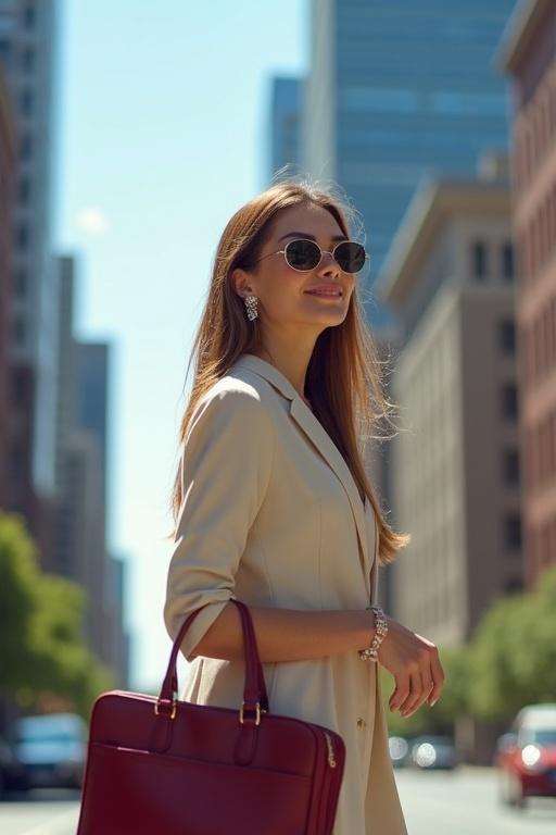 Cheerful young woman enjoys sunny day in a big metropolitan city. Stylish posture holding a modern dark red leather briefcase. Beautiful buildings and city background with flowing hair. Bright natural sunlight creates a vibrant summer atmosphere. Woman wears modern business attire with elegant jewelry. This captures a happy lawyer conveying joy on a workday.