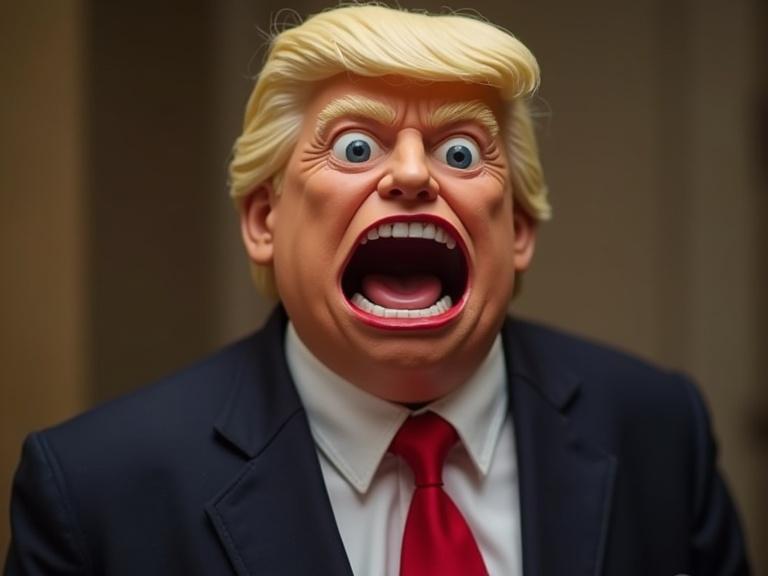 Donald Trump depicted as a life-size plastic doll with a wide open mouth in an expressive pose.