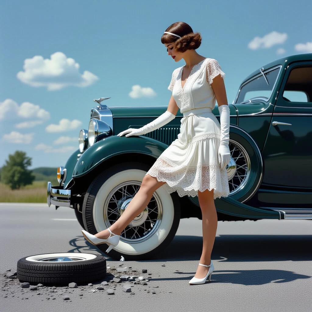 Photorealistic scene of a 1928 roadside incident. Ground-level view angled upward. Art Deco socialite in a short white lace dress and white gloves. Looking down at a broken tire. Kicking the lower tire sidewall at the point of contact with the road.