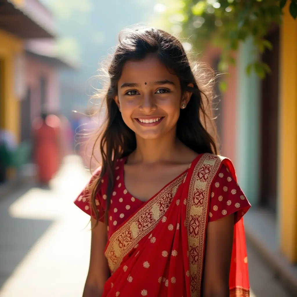 An Indian girl in beautiful traditional attire stands confidently in a street. She wears a red saree with golden details. Background includes soft focus of a village setting.