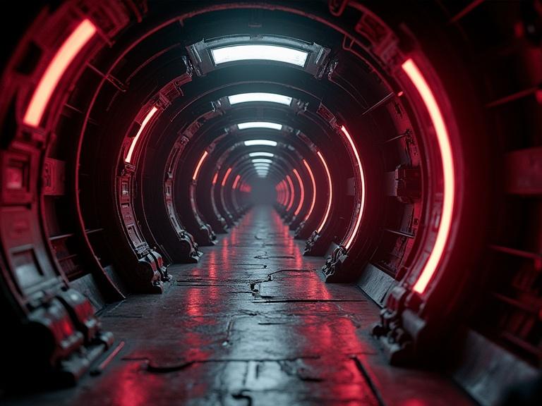 Dark atmospheric cinematic sci-fi alien interior. Background features black metallic textures with wires and reddish organic LED lights. Shadows create a dramatic effect with VFX elements and HDR visuals.