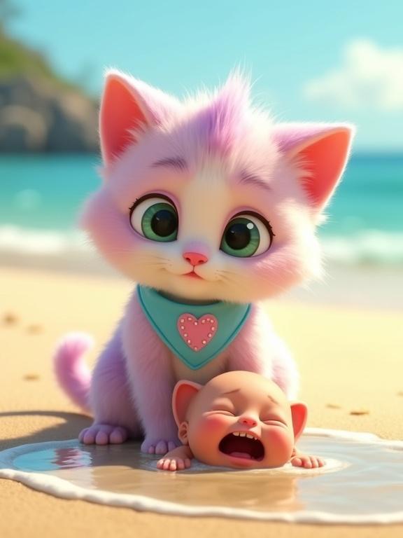 Fluffy anthropomorphic kitten with pastel pink and lavender fur approaches a crying newborn baby in shallow seawater on a sunny beach. Kitten has oversized head and green eyes, wearing light blue bandana with pink heart. Bright sunlight creates a warm atmosphere.