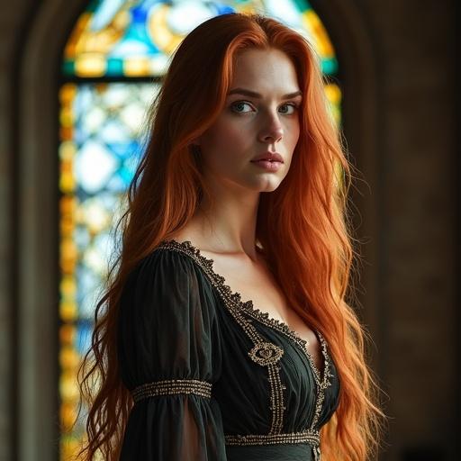 A tall woman stands in front of a stained glass window. She has long auburn hair. She wears an elegant historical dress. Her expression is serene and mysterious.