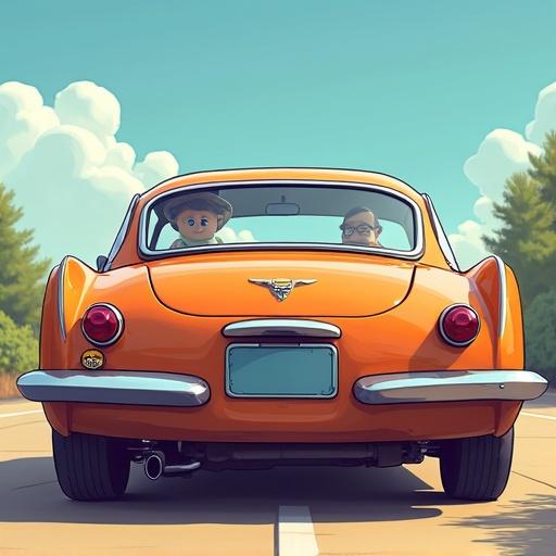 Cartoon style image of car bumper with two characters inside. Bright orange color and clear blue sky in the background. Fun and playful atmosphere.