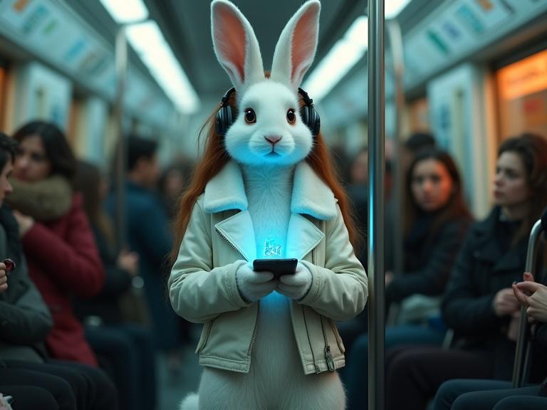Hyper-realistic chimera blends upper body of 30-year-old woman with long chestnut hair and lower body of anthropomorphic rabbit. Stands in crowded Paris metro car gripping handrail. Smartphone glows blue on her face. Metro environment shows neon lights and blurred commuters. Seamless transitions between human and rabbit features. Smartphone displays surreal landscape. Style features ultra-detailed cinematic lighting.