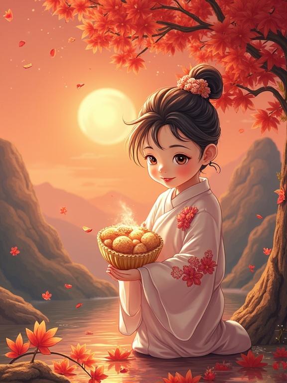 A serene scene featuring a girl in traditional clothing holding a basket of food. The setting is at sunset with autumn leaves. The girl has a warm expression, surrounded by nature.