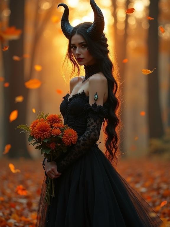Cinematic photo of a beautiful gothic sorceress with black horns. Wearing a black fantasy gown. Holding a bouquet of orange flowers in a moody forest during autumn sunset. Falling leaves create a warm hazy atmosphere. Detailed skin and intricate dress visible. Dramatic and volumetric lighting enhances the scene.