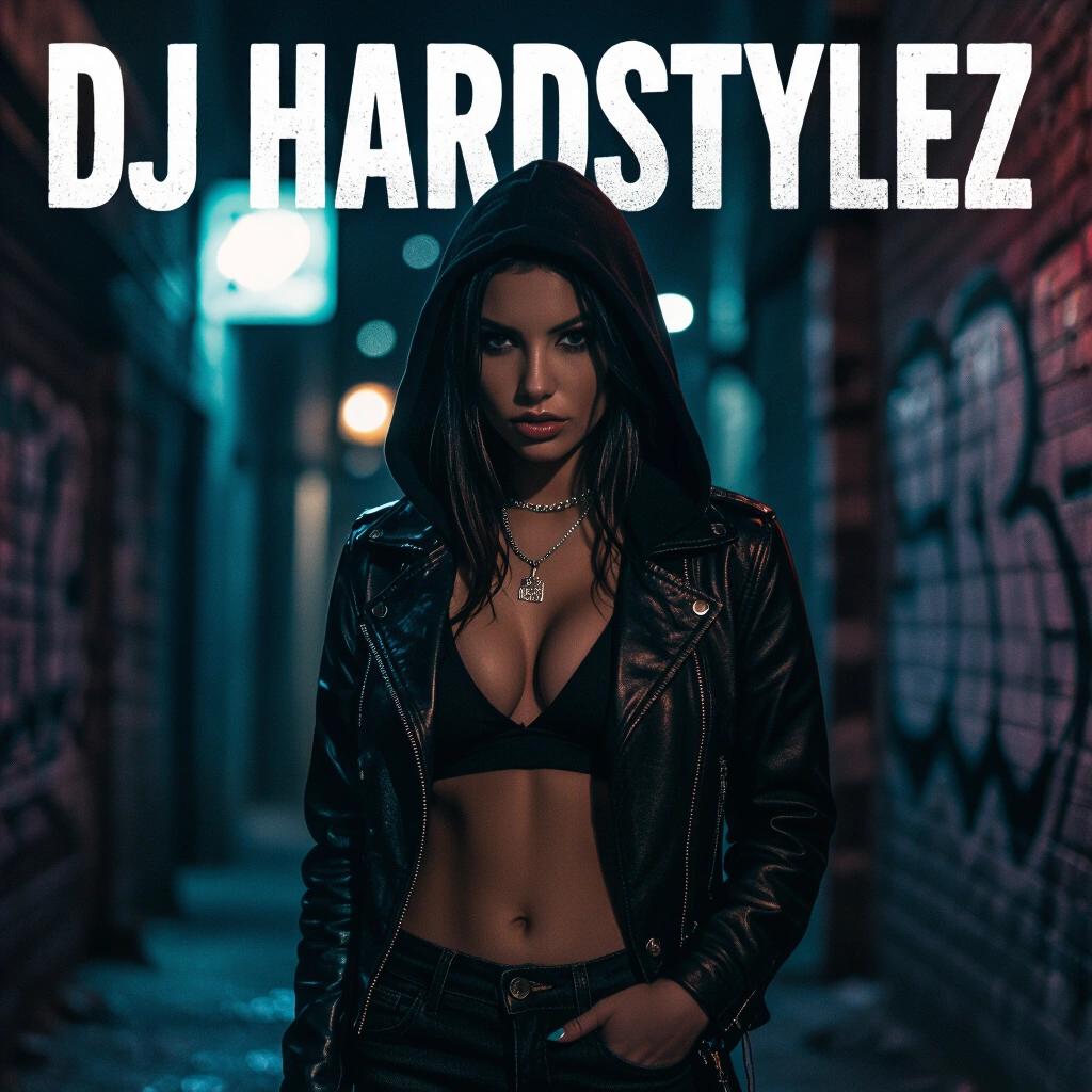 Raw photo featuring a woman in a leather jacket standing in a dark alley, facing forward with a hand behind her back. The image serves as an album cover for DJ Hardstylez. Text displays DJ Hardstylez prominently.