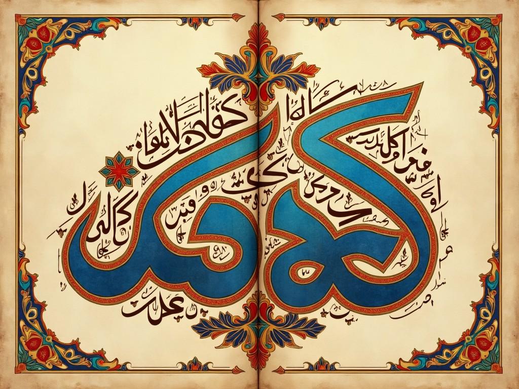 The image showcases an intricate Arabic calligraphy design with the word 'كَذَٰلِكَ' prominently featured. The vibrant colors of blue, gold, and red create a stunning visual impact. It is enclosed within an ornate decorative border that reflects traditional Islamic art. The delicate details in the calligraphy are elegantly rendered, enhancing its importance. This piece blends cultural heritage with artistic expression, making it a significant representation of Islamic aesthetics.