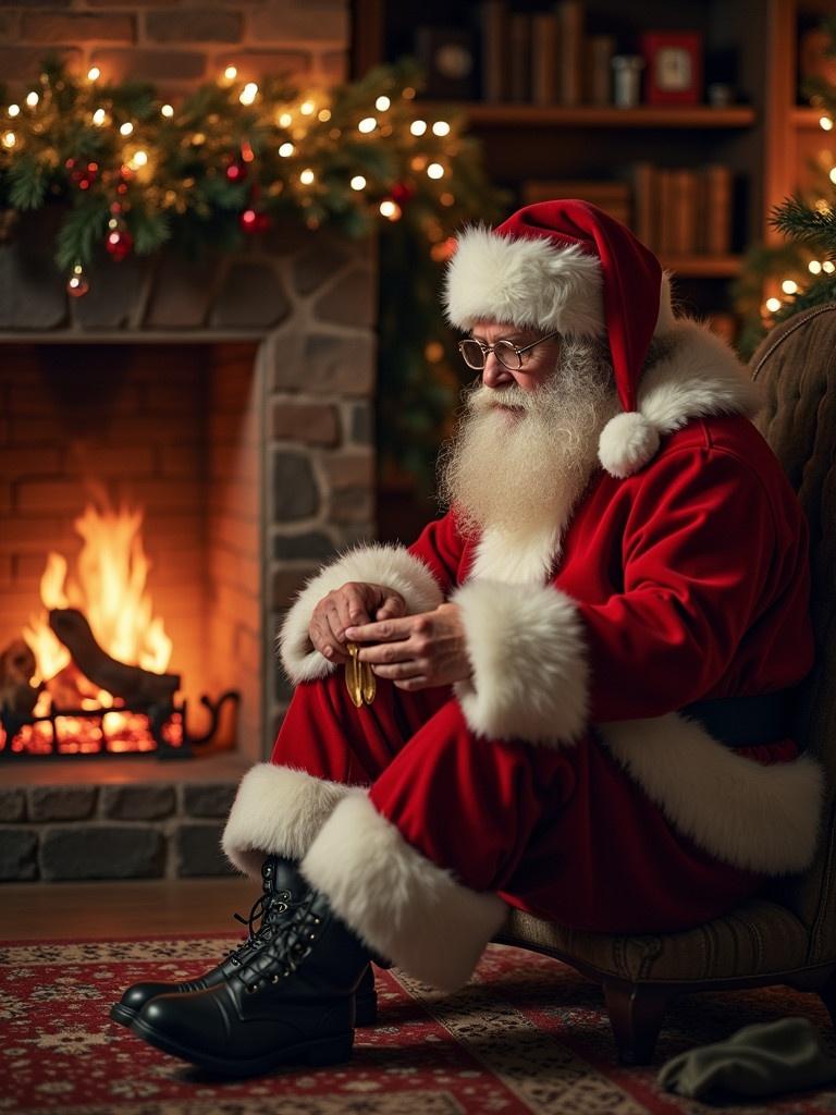 Santa Claus lounging in a comfortable chair beside a warm fireplace. Sweating due to the heat of the fire. Festive decorations in the background. Cozy atmosphere with bright colors and inviting lighting.