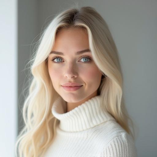 Portrait of a young woman with long platinum blonde hair and pale steel-blue eyes. She has luminous porcelain skin. She wears a white cashmere turtleneck. Background is minimalistic and softly blurred. Expression shows a gentle smile.