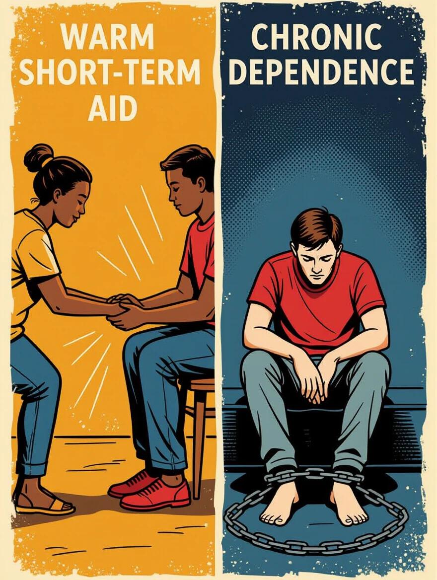 Split-image shows two scenarios. Left side warm scene of someone receiving short-term aid with two people interacting positively. Right side depicts a person sitting alone with chains around their legs, illustrating chronic dependence. Color contrast highlights hope versus a hidden trap.