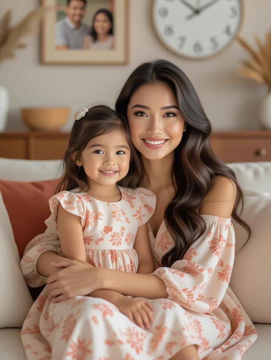 High-detail image of a young beautiful Indonesian woman and her daughter. They are sitting on a sofa in a salmon-colored room. The woman has natural makeup and is 25 years old. The girl is wearing a floral dress. They seem relaxed and are looking directly at the camera. In the background, there is a family photo and a modern wall clock.