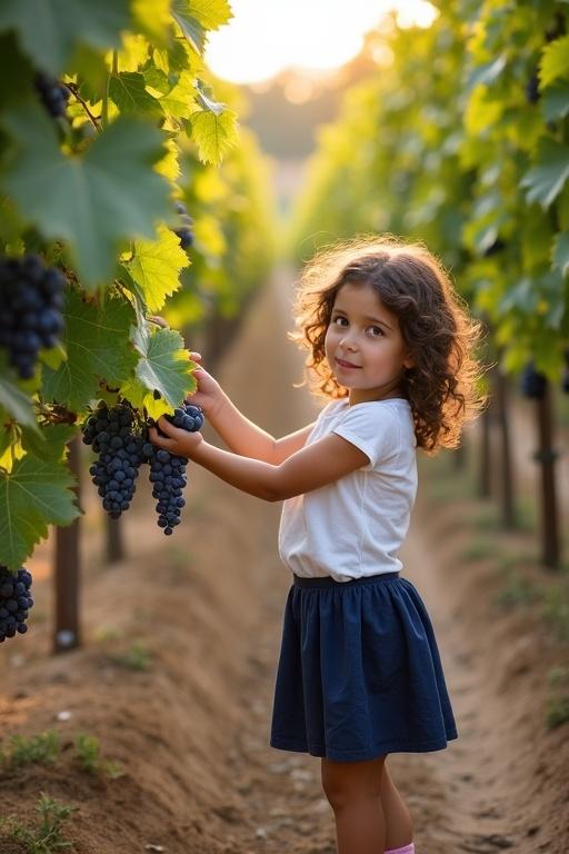 A girl inspects blue grapes in a vineyard. She wears a white top and dark blue skirt with pink socks. Late summer sun creates a warm setting. Curly hair frames her face. Charm of rural life is captured.