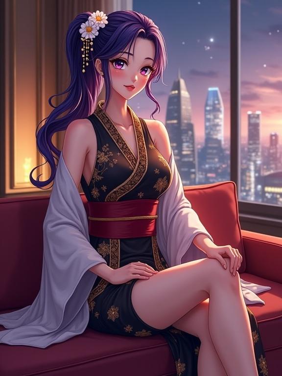 Full-body view of an elegant anime-style lady with dark violet hair seated in a modern lounge. She wears a luxurious kimono and has a calm, confident expression. The lounge is stylish with city lights visible outside.