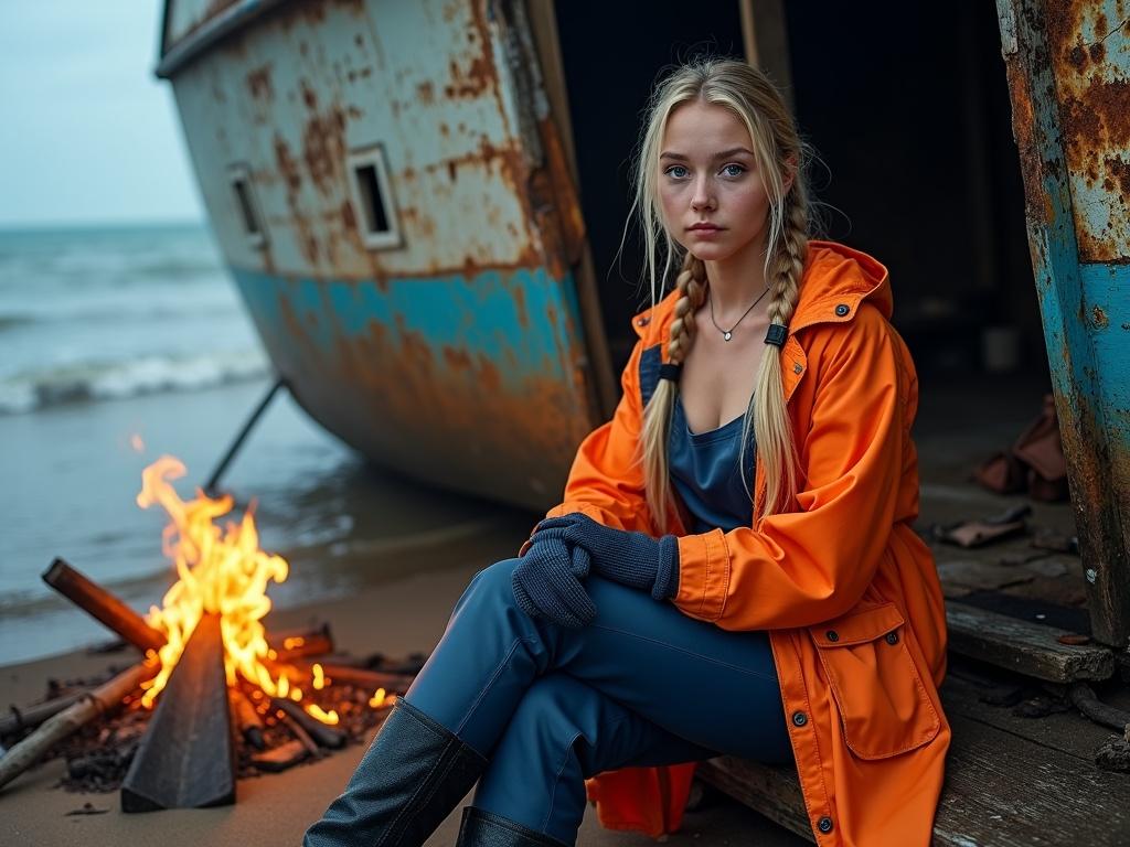 Exterior view of a wrecked fishing boat on a beach. Attractive young woman with long blonde hair in pigtails. Dressed in orange raincoat, blue latex dungarees, gloves, and waders. Sitting by a campfire inside the boat. Clothes and hair soaked from rain.