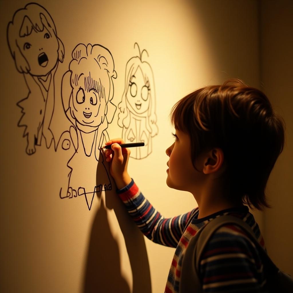 A child is drawing cute characters on a wall. The setting is warm and inviting.