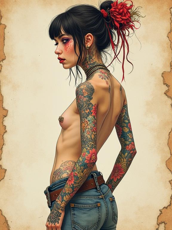 Vibrant tattooed female figure with a punk aesthetic. Standing side profile showcases intricate tattoos, flower accents, and expressive features. Art style blends vintage sketch and modern illustration elements seamlessly in the conception of the subject.
