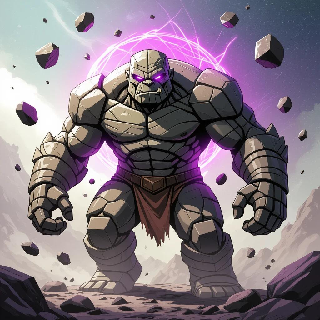 Stone golem made of floating rocks surrounded by a purple aura. Rocks float and are separated while interconnected by purple lines. Old comic style with intricate details. Background designed as cosmic scenery.