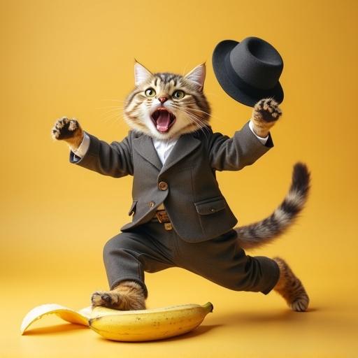 A semi-realistic cat in a work outfit looks shocked while slipping on a banana peel. One paw is in the air and a hat is flying off. The scene is humorous and exaggerated.