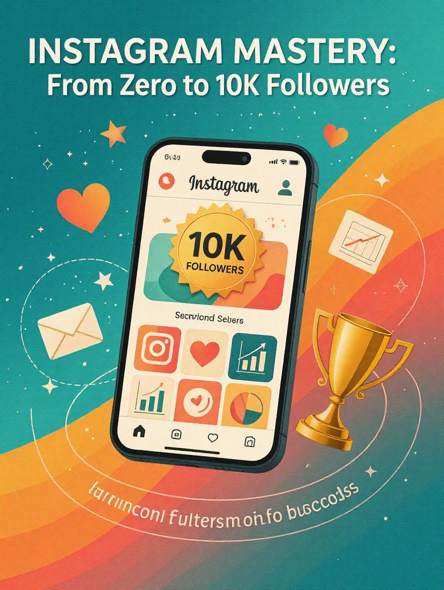 Modern smartphone showcasing Instagram profile with a 10K followers badge. Colorful gradient background from teal to coral. Includes geometric shapes and social media icons. Features a trophy symbolizing success. Title: Instagram Mastery: From Zero to 10K Followers. Tagline: Turn Scrolling into Success. Professional yet playful design.
