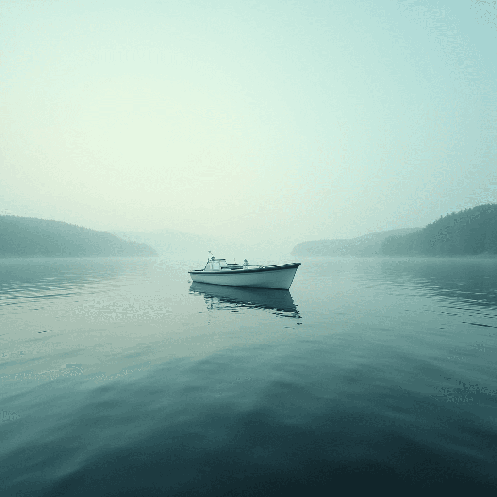 A lone boat floats calmly on a misty lake surrounded by foggy hills.